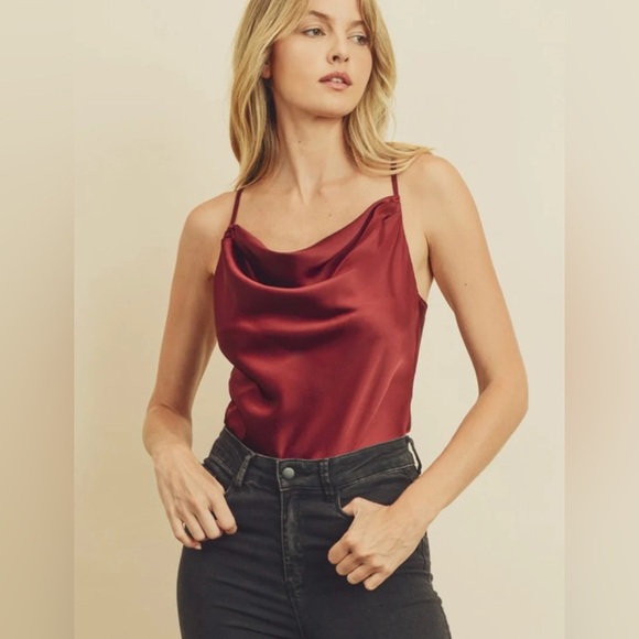 Dress Forum Womens Satin Bodysuit Small Red Wine Cowl Neck Adjustable Straps - Picture 1 of 7